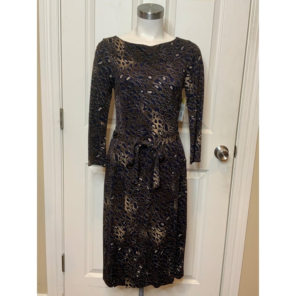 Tory Burch Brown & Navy Blue Animal Print 3/4 Sleeve Belted Dress, Size S